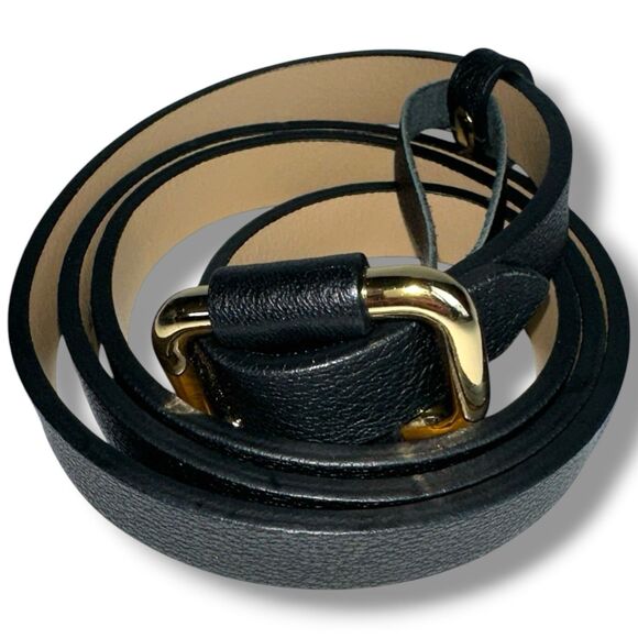 D Exterior Italian Leather Belt Womens Black Skinny Gold Square Slide Buckle main image 6